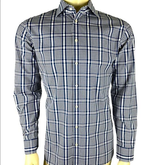 NWOT 1901 Nordstrom L/S Casual Button Down Trim Fit Navy/White Plaid Sz 16/34-35 - Picture 4 of 9